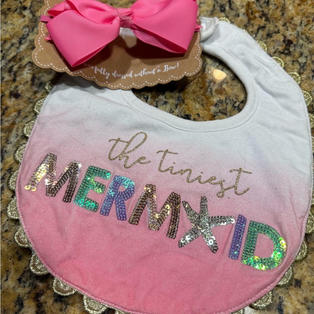 Mud Pie Pink and White Mermaid Bib with Bow